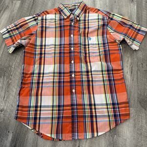 U.S. Polo Assn. Shirt Mens Medium Orange Blue Plaid Short Sleeve Button-Down